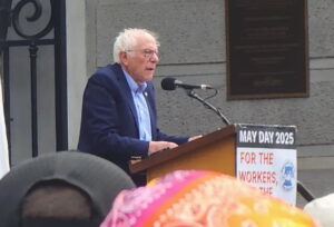 A picture of Bernie Sanders in front of City Hall in Philadelphia
