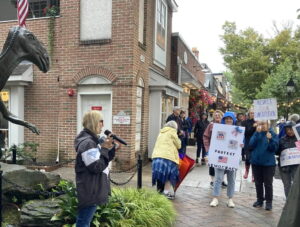 A crowd gathers to hear a person speaking about the importance of our constitutional rights in front of Haddie the Dinosaur. The ground is wet and the skies are gray, but everyone is glad to be enjoying the moment together.