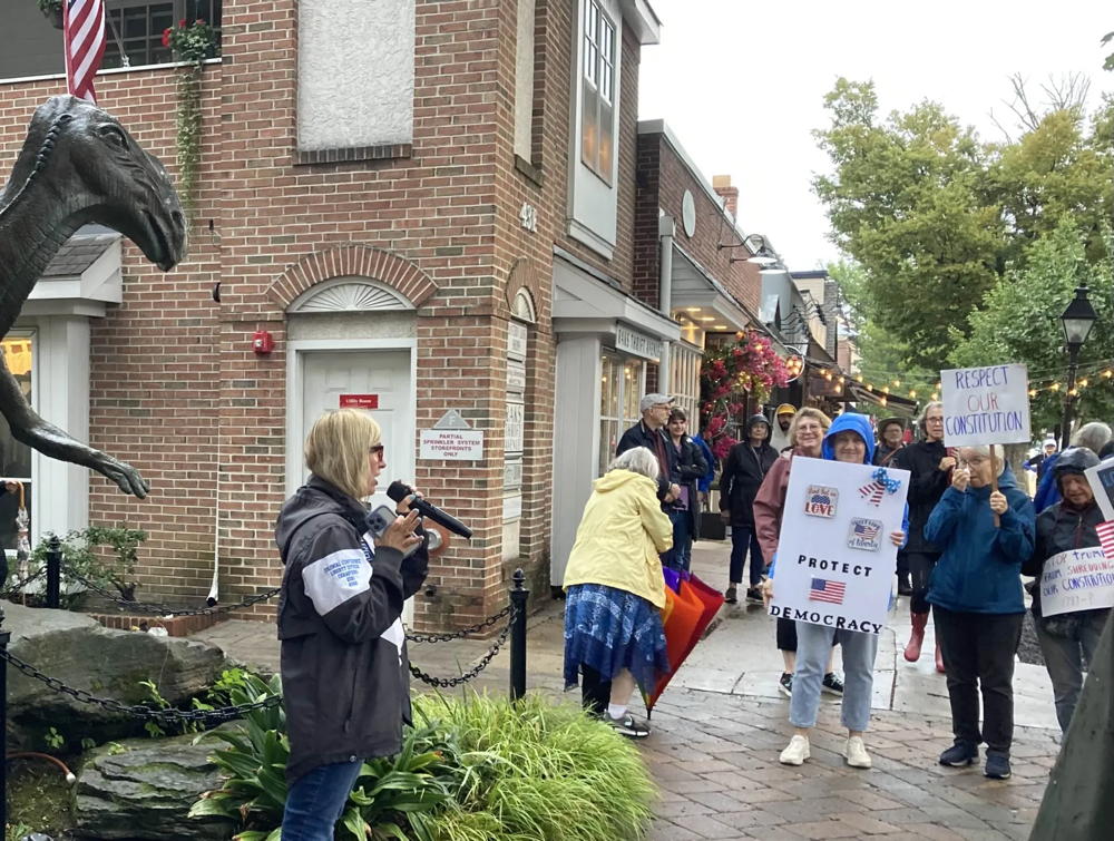 A crowd gathers to hear a person speaking about the importance of our constitutional rights in front of Haddie the Dinosaur. The ground is wet and the skies are gray, but everyone is glad to be enjoying the moment together.