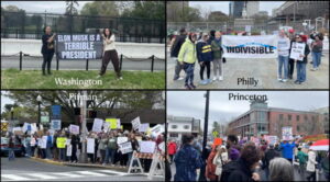 4 different protest pictures are arranged in a box. One from washington, one from Philly, one from Princeton, and one from Pitman