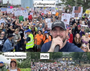 A collage of three protest pictures. One in Collingswood, one in Massachusetts, and one in Philly