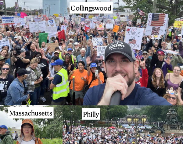 A collage of three protest pictures. One in Collingswood, one in Massachusetts, and one in Philly
