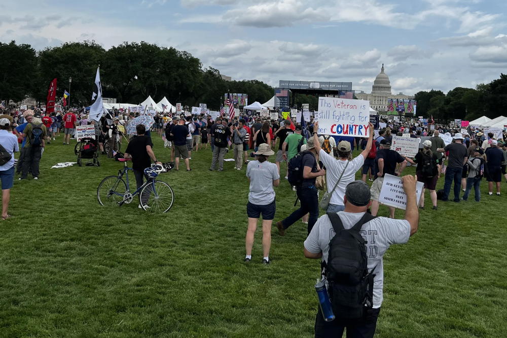 People stand on the national mall protesting for veterans' rights with the capitol in the background