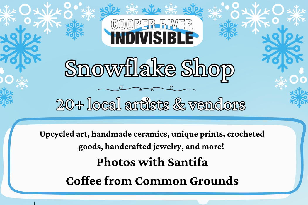 Light blue background. CRI logo at to top. Snowflakes mixed around. Information about the Snowflake Shop