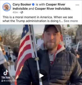 A social media post by Senator Booker. Below his text is a screenshot of a video taken by Amber