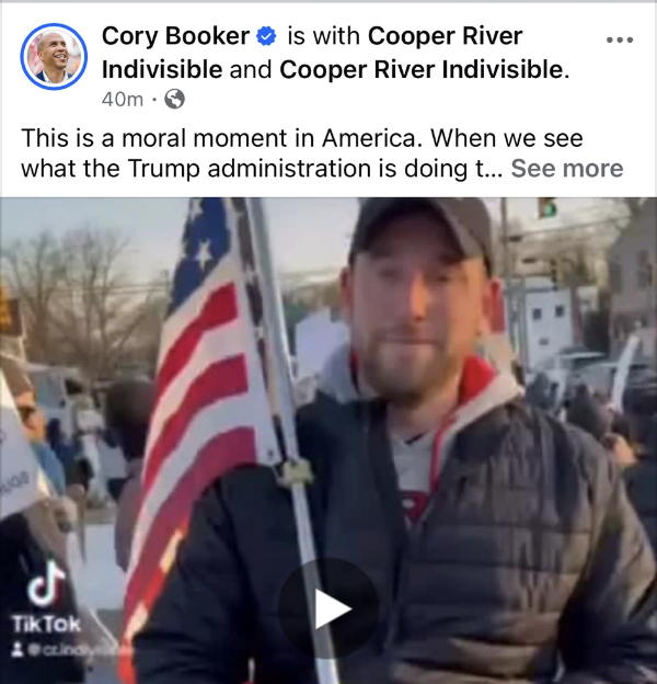 A social media post by Senator Booker. Below his text is a screenshot of a video taken by Amber