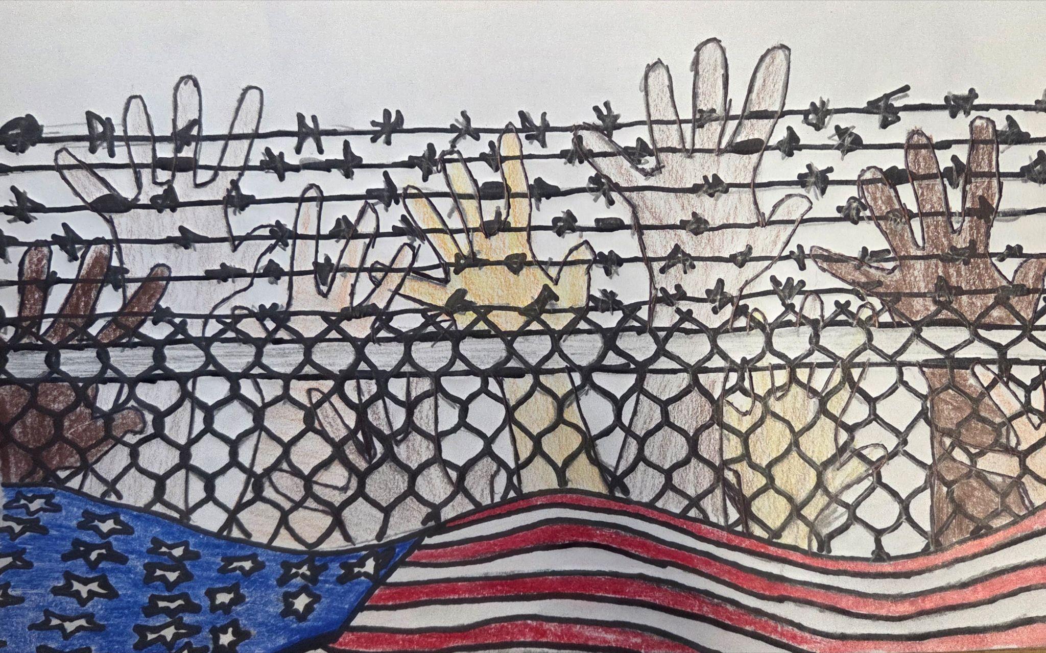 Hands of various colors stand are raised behind a metal fence with barbed wire on top. An American Flag flies in the foreground