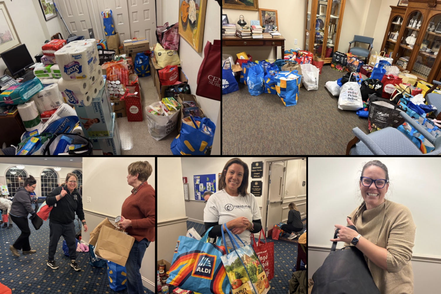 A collage of pictures. The top row has pictures of grocery bags and boxes of food stored in two rooms. The bottom row shows the people who were sorting the food carrying the bags
