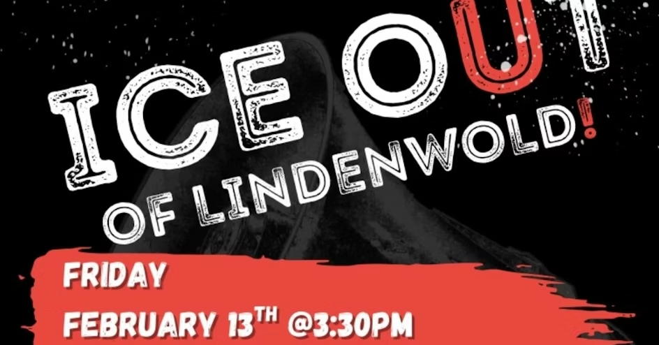 Black Background with the Text "Ice Out of Lindenwold". Friday, February 13th at 3:30 PM