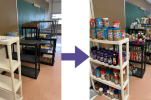 This picture shows the transition that took place thanks to the May food drive. On the left we see mostly empty shelves and the right they are bursting at the seems
