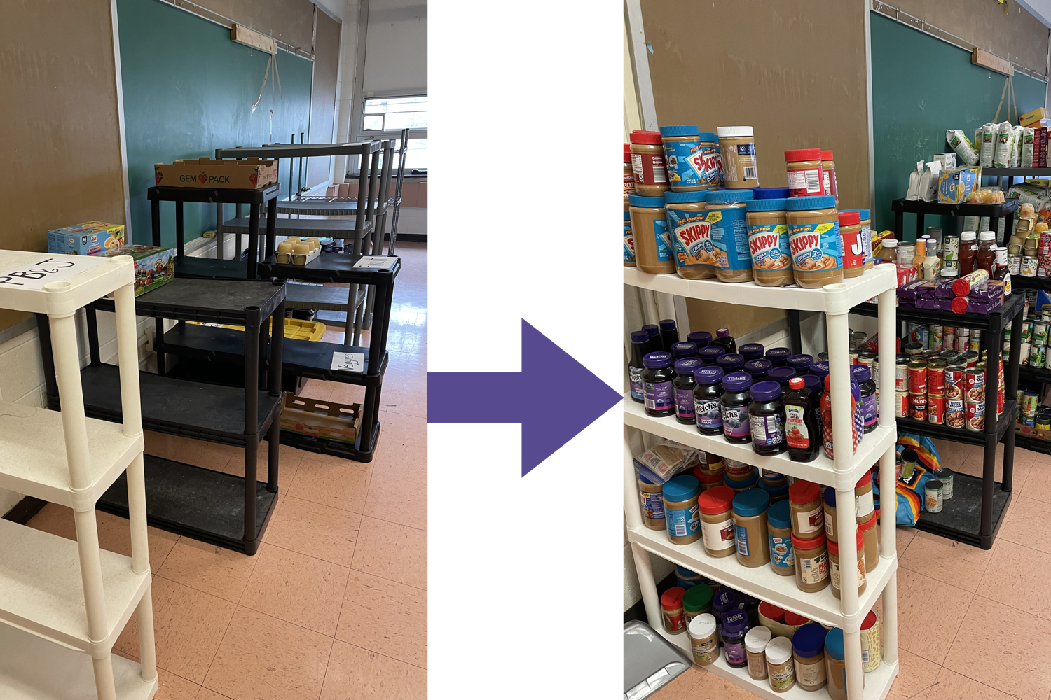This picture shows the transition that took place thanks to the May food drive.  On the left we see mostly empty shelves and the right they are bursting at the seems