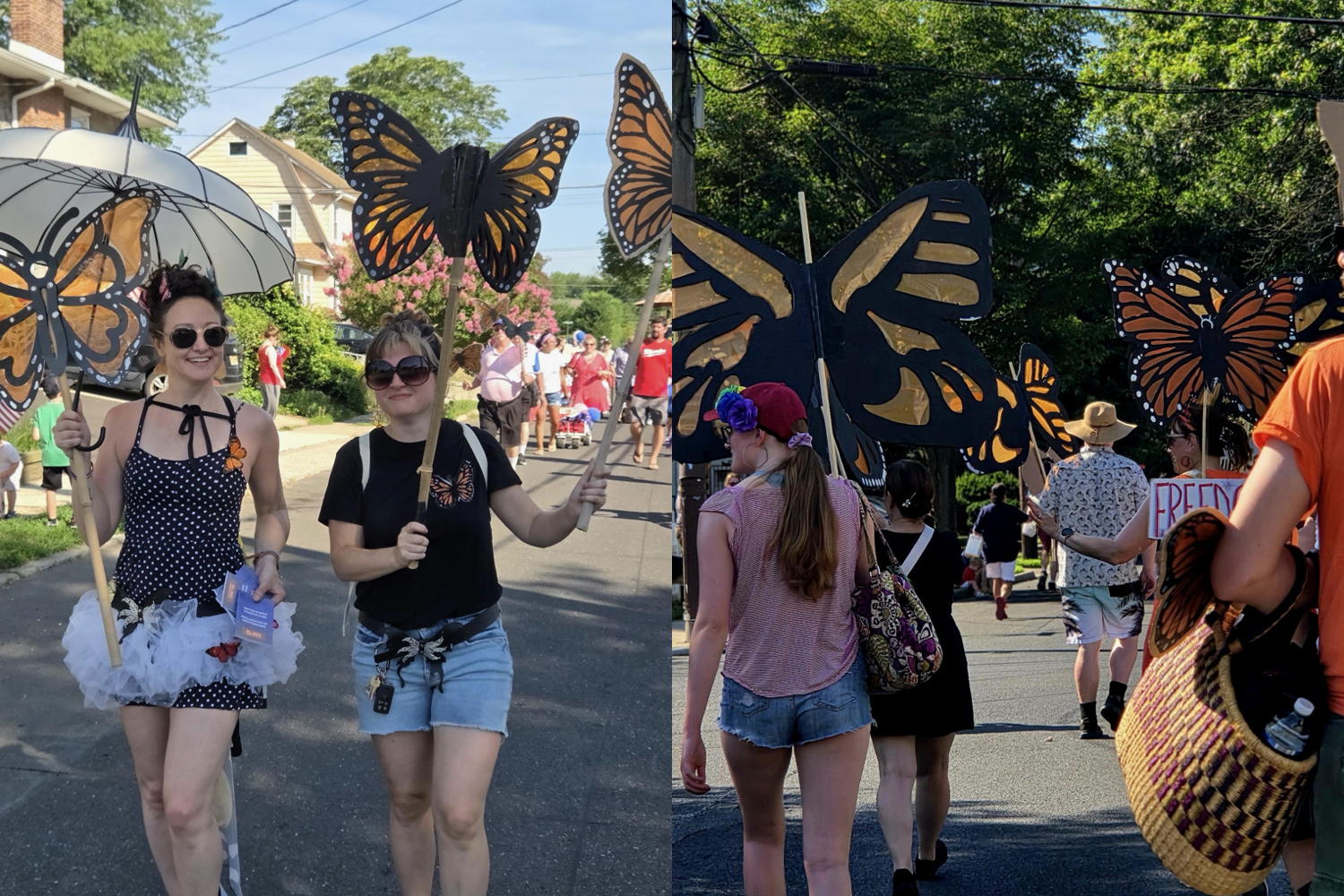 Two pictures of the 4th of July parade.  On the left are two people walking toward the camera holding butterflies and umbrellas.  On the left is a whole group of people walking away from the camera also holding butterflies